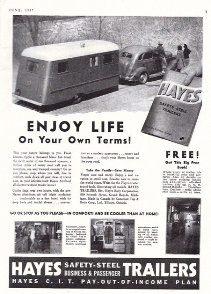 Hayes trailer Ad Trailer Travel Mag June 1937