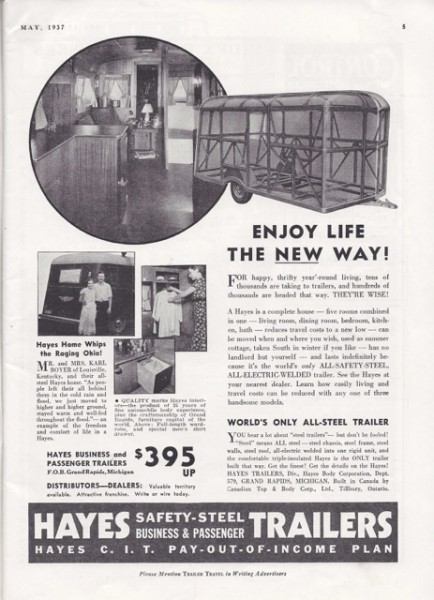 HayesTrailer Ad Trailer Travel Mag May 1937