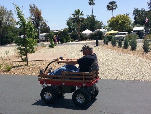Chuck on Bob's Motorized Wagon Wheels