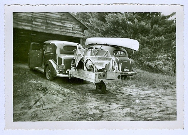 Vintage canoe, autos & small trailer