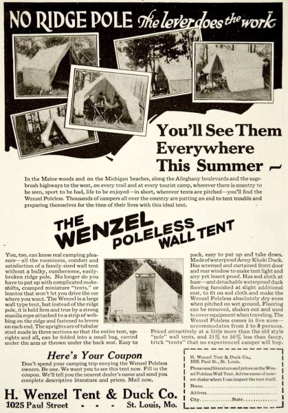 Wenzel Poleless Tent Advertisement 1925