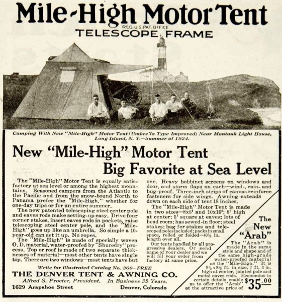 Mile-High Motor Tent by Denver Tent & Awning Co. Advertisement 1925