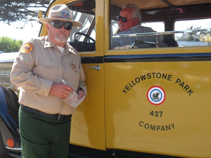 No one is exempt to getting pulled over by "Ranger Doug" -- not even a 1937 Yellowstone Park bus driven by Brad! Better watch out!!!