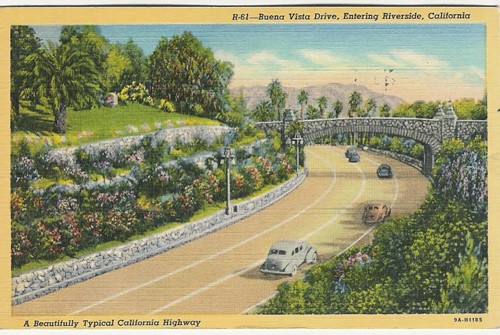 
c. 1939
PM 1947
R-61 -BUENA VISTA DRIVE ENTERING
RIVERSIDE, CALIFORNIA "A Beautifully Typical California Highway"
9A-H1185 ("C.T.ART-COLORTONE" Western Publishing Co.) 