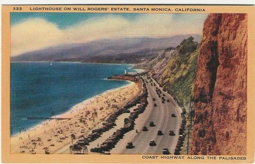 c.
333 LIGHTHOUSE ON WILL ROGERS' ESTATE
Santa Monica, California; "Coast Highway along the Palisades"
(By Longshaw Card Co., Los Angeles)