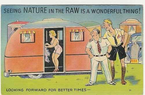 
c.
PM 1942
SEEING NATURE IN THE RAW IS A WONDERFUL THING!
LOOKING FORWARD FOR BETTER TIMES-
21; 63859 Trailer Comics
(Made in U.S.A.) 