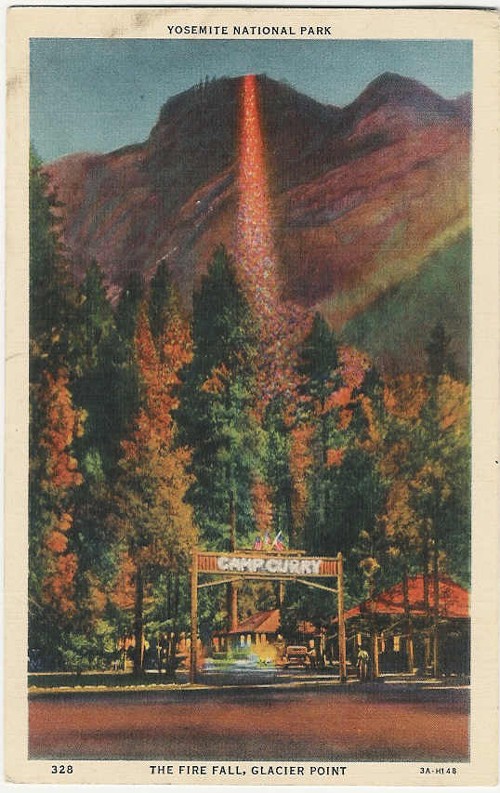 
c. 1933
THE FIRE FALL, GLACIER POINT
Yosemite National Park, Calif.
328; 3A-H148
(Western Publishing &amp; Novelty Co., Calif.) 