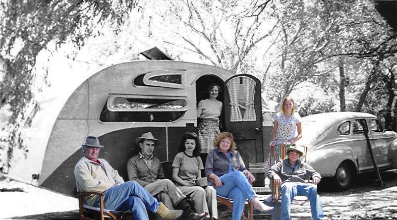 "Camping Together 60 Years Apart"
1936 Masterbilt
Belonged to Ken Jackson's grandfather;
grandmother in the doorway, his Mom & Dad seated outside. Ken & Diane & children photoshopped into the picture 60 years later!