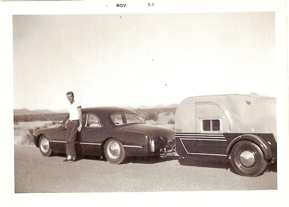 1953: Jan Cornett's father, Merton "Pete" Peterson with his custom car he designed & helped build-sectioned 1950 Ford Coupe (featured on cover of Hot Rod Magazine, March 1954 issue). Sold car to Tony Curtis. Photo of car also in the Petersen Auto Museum. Shown here pulling a Benroy teardrop trailer.
Kenley & Jan Cornett
Valencia, California