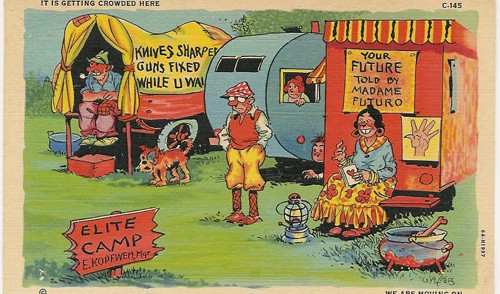 c. 1936
"It is getting crowded here... we are moving on"
C-145; 6A-H1997
(C.T.Art-Colortone"; Curt Teich & Co., Chicago)
C.T. Auto Comics
