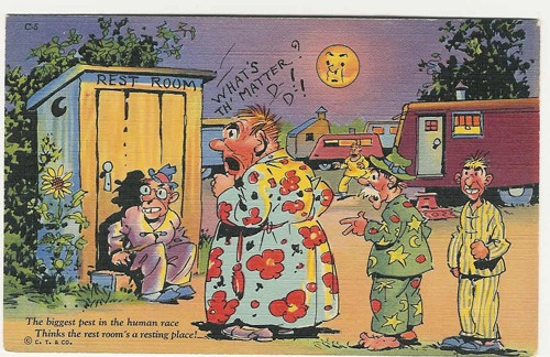 c.1938
"The biggest pest in the human race
Thinks the rest room's a resting place!"
C-5; 8A-H2048
(Genuine Curteich-Chicago)
C.T.Comfort Comics-10 Subjects