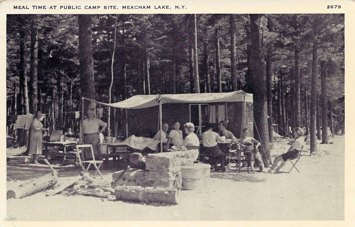 
PM 1939
One cent stamp
Meal time at public 
camp site
Meacham Lake, N.Y.
(Santway Photo-Graf
Watertown, NY)
 
