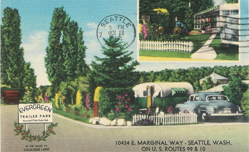 
c. Early 1950's
PM 1954; two cent stamp
RV EVERGREEN PARK
Seattle, Wash.
on U.S. Routes 99 &amp; 10
(Pub. by H.G.Brace &amp; Co., Seattle 1, Wash.)
 