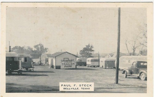 
c.
STECK'S TRAILER PARK
Paul F. Steck
Bellville, Texas
"Four Shower Baths-Four Baths
and Washeteria"
(Picto Cards-Kaeser &amp; Blair, Ohio) 