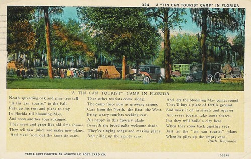 
c.
PM 1930
324 A "Tin Can Tourist Camp" in Florida
Verse on card by Ruth Raymond
105348 (C.T.American Art Colored; Published by Asheville Post Card Co., N.C.)
 