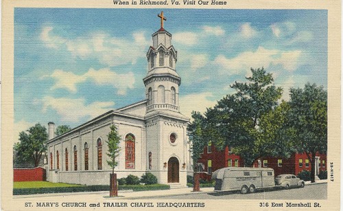 
c.1943
St. Mary's Church &amp; 
Trailer Chapel Headquarters
"St.Mary's of the Highways" built at a cost of $10,000 which "greatly assisted in the work of the missionaries in the rural areas and in army camps"
Richmond, Virginia
3BH1617
(Genuine Curteich-Chicago; C.T. ART-COLORTONE) 