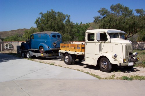 1938 REO (COE)
towing the Chevy panel truck. Formerly a forestry water pumper fire truck. 395 small block Chevy engine. Looking for an original picture from its forestry days . . .