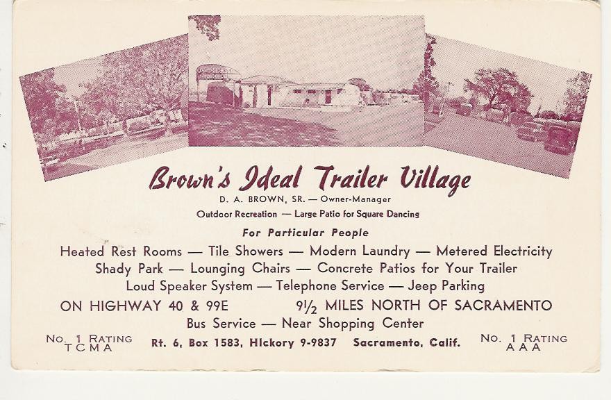 c.
Takes one cent stamp
Brown's Ideal Trailer Village
On Hwy. 40 & 99E
Sacramento, Calif.