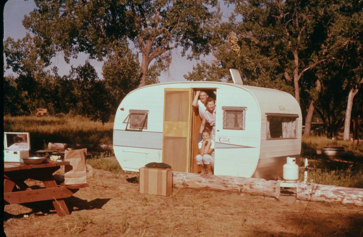 Crest Trailer
From the Huse Family Archives:
"The Huses at Devil Towers Campground, Summer l956. Pictured are Doug, Edith (now 100 years old) and Donna. Dad took the Ektachrome slide."
Doug & Lynn Huse
Pasadena, California