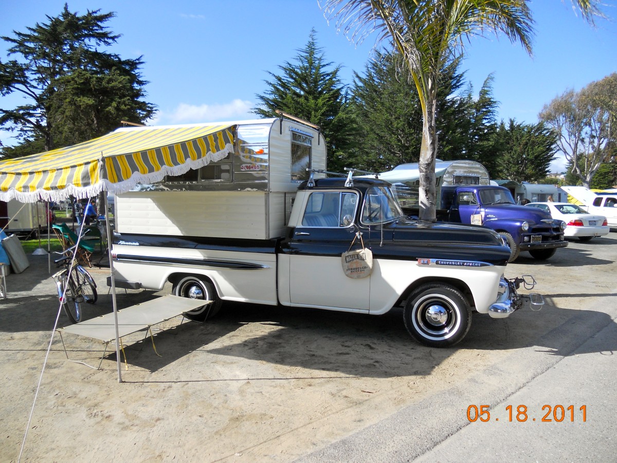 
1958 Alaskan Camper
&amp; 1959 Chevy 
Apache truck towing 
1948 Masterbilt trailer
[not pictured]
Scott &amp; Lisa Burud
Bakersfield, California
 