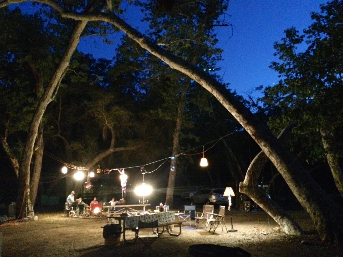The chandeliers illuminate our camp...
